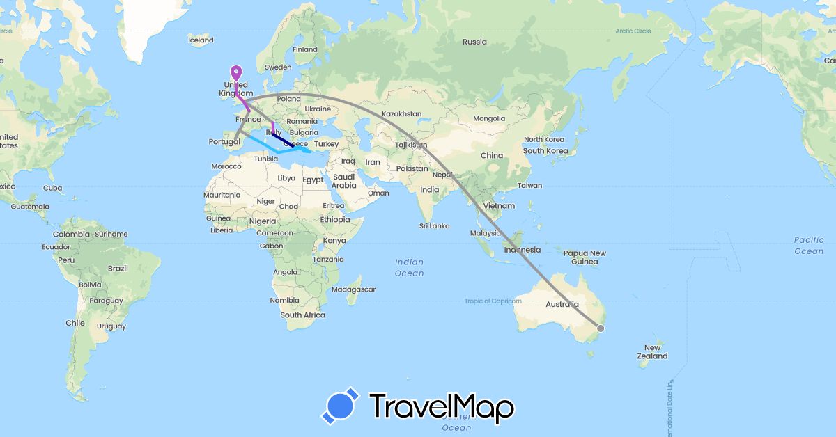 TravelMap itinerary: driving, plane, train, boat in Australia, Spain, France, United Kingdom, Greece, Italy, Malta, Thailand (Asia, Europe, Oceania)